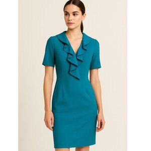 Paule Ka *NEW* Teal Structured Ruffle-Front Sheath Dress